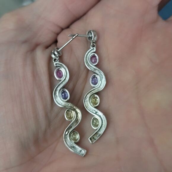 Sterling Silver Multi Stone Squiggly Dangle Earrings - Picture 4 of 9